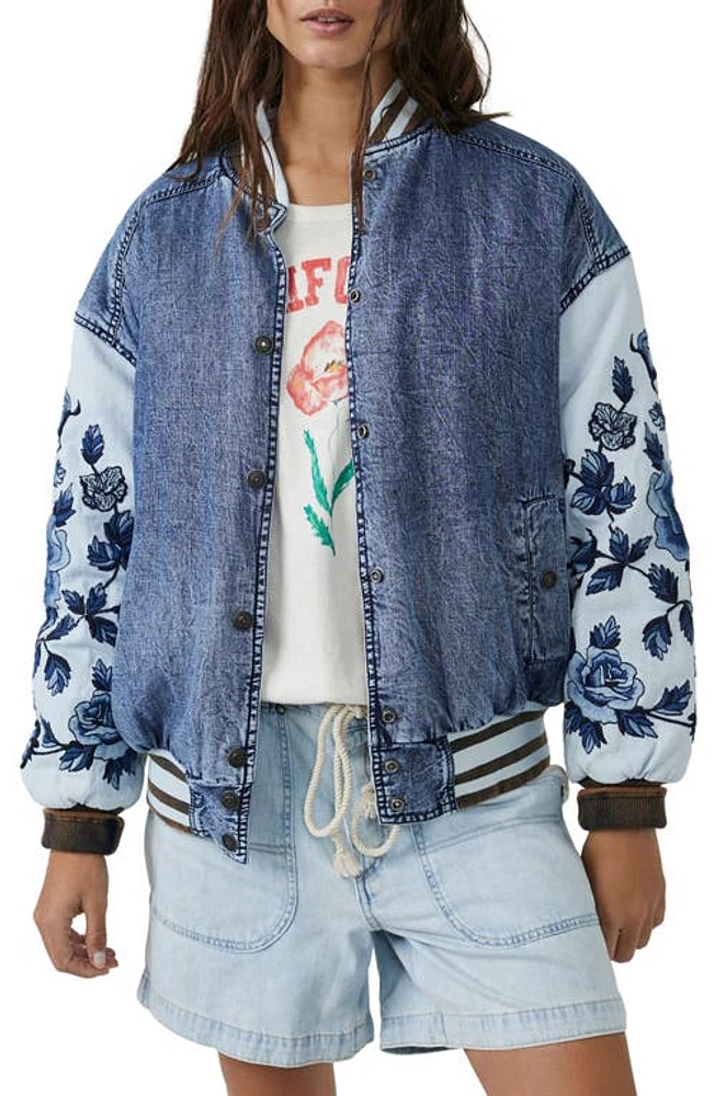 Free People Team Spirit Denim Jacket in Stone Blue at Nordstrom, Size X-Small