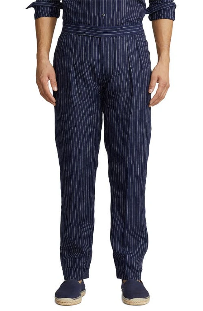 Ralph Lauren Purple Label Glenn Pinstripe Cuff Hem Linen Trousers Spring Navy/Cream at Nordstrom,