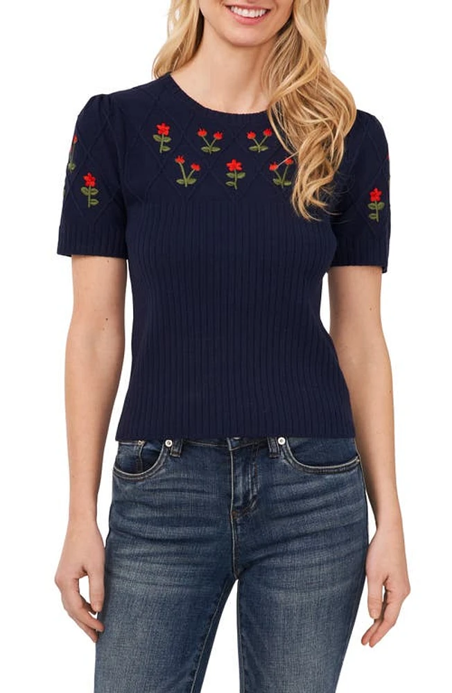 CeCe Embroidered Flowers Rib Sweater at Nordstrom,