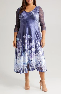 Komarov V-Neck Three-Quarter Sleeve Midi Cocktail Dress Midnight Thistle at Nordstrom,