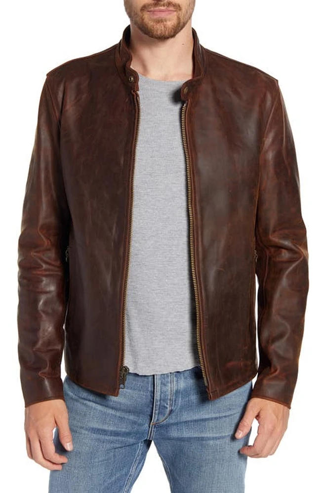 Schott NYC Café Racer Lightweight Oiled Cowhide Leather Jacket Brown at Nordstrom,