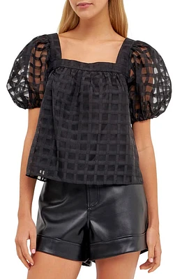 English Factory Grid Pattern Puff Sleeve Organza Top Black at Nordstrom,