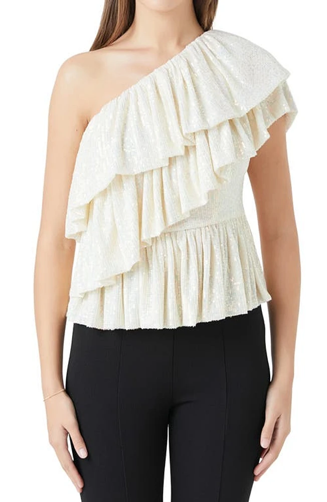 Endless Rose Sequin Ruffle One-Shoulder Peplum Top Opal at Nordstrom,