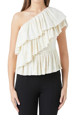 Endless Rose Sequin Ruffle One-Shoulder Peplum Top Opal at Nordstrom,