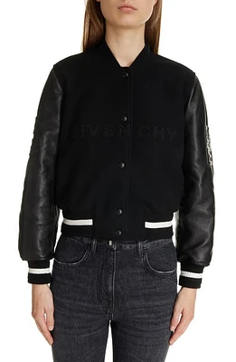 Givenchy Regular Fit Leather & Wool Blend Crop Varsity Jacket Black/White at Nordstrom, Us