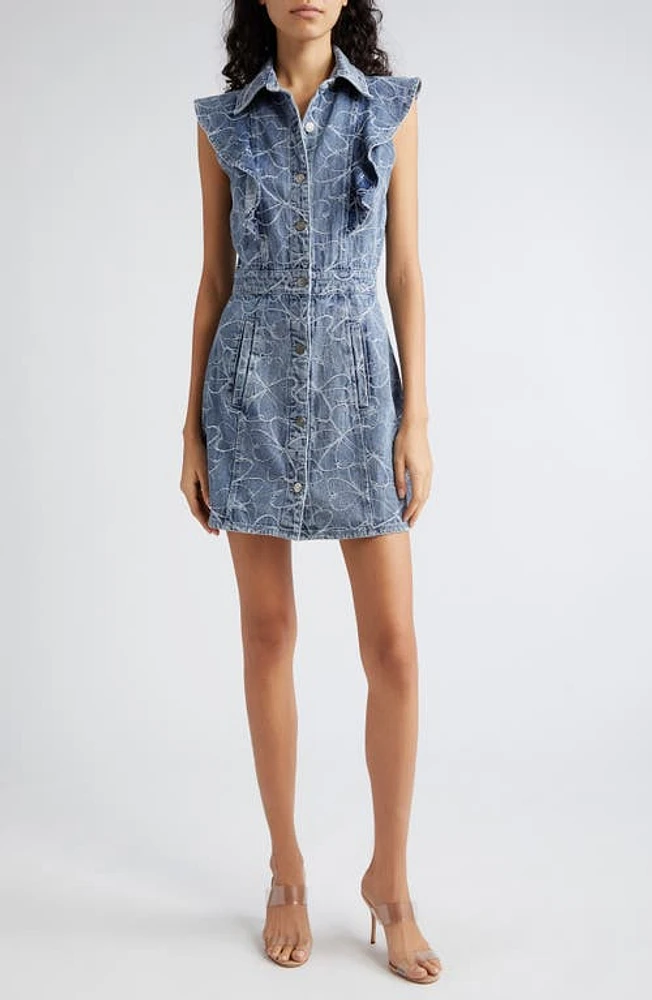 Ramy Brook Marlowe Embroidered Ruffle Shoulder Sleeveless Denim Minidress Indigo Floral at Nordstrom,