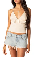 EDIKTED Birdie Belted Crop Halter Top Beige at Nordstrom,