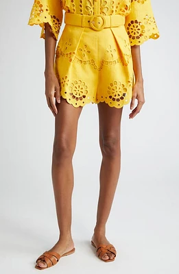 Zimmermann Pop Belted Embroidered Eyelet Linen Shorts Mango at Nordstrom,