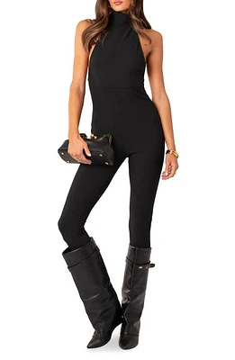 EDIKTED Aero Open Back Halter Jumpsuit Black at Nordstrom,