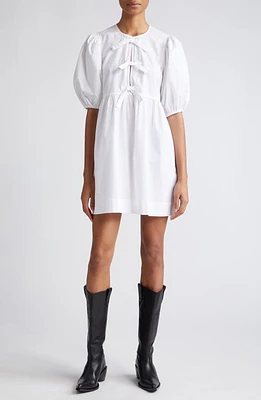 Ganni Bow Front Puff Sleeve Organic Cotton Dress Bright White at Nordstrom, Us