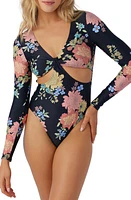 O'Neill Kali Key West Cutout Floral Long Sleeve One-Piece Swimsuit Black at Nordstrom,