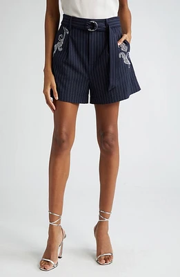 Cinq à Sept Rebecca Beaded Paisley Detail Pinstripe Shorts Navy/Ivory at Nordstrom,