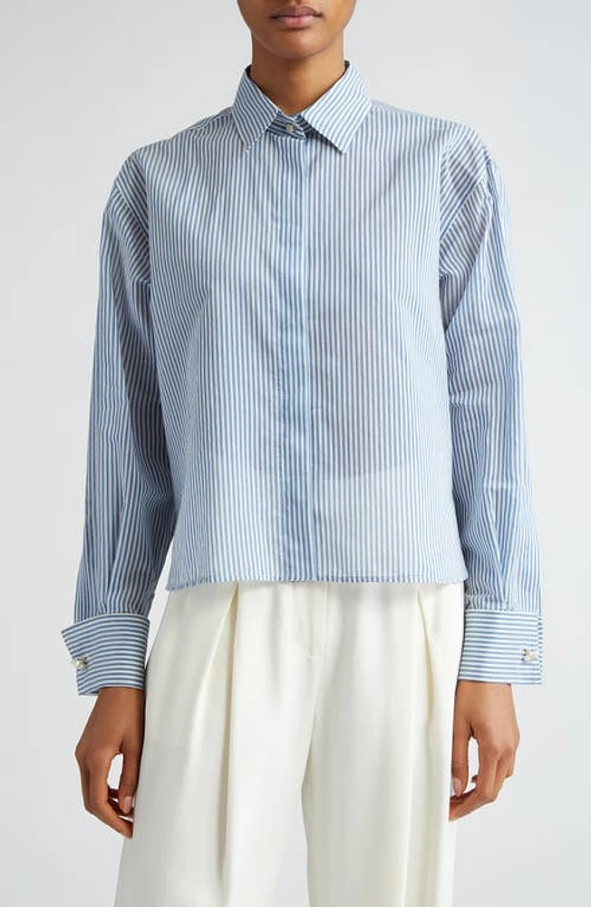 Max Mara Vertigo Pinstripe Cotton & Silk Crop Button-Up Shirt Avio at Nordstrom,