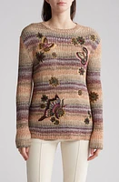 Valentino Stripe Embroidered Cotton Blend Crewneck Sweater in Purple Multi at Nordstrom, Size Small