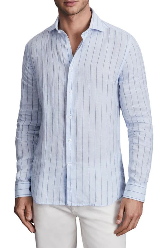 Reiss Ruban Pinstripe Linen Button-Up Shirt Blue at Nordstrom,