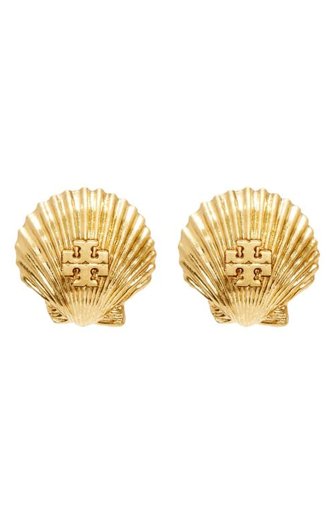 Tory Burch Shell Stud Earrings in Rolled Light Brass at Nordstrom