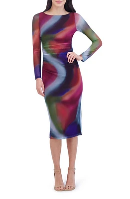 Vince Camuto Ruched Long Sleeve Mesh Midi Dress Blue Multi at Nordstrom,