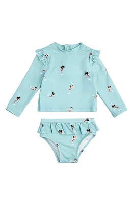 MILES BABY Kids' Mermaid Print Long Sleeve Two-Piece Rashguard Swimsuit Green Aqua at Nordstrom,