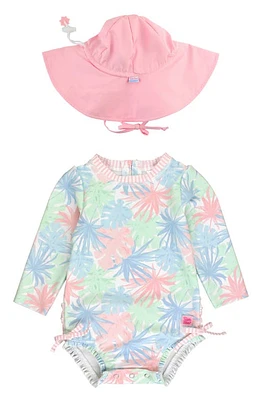 RuffleButts Pastel Palms Long Sleeve One-Piece Swimsuit & Hat Set in Pink at Nordstrom, Size 6-12M