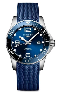 Longines HydroConquest Automatic Rubber Strap Watch, 41mm in Blue/Silver at Nordstrom