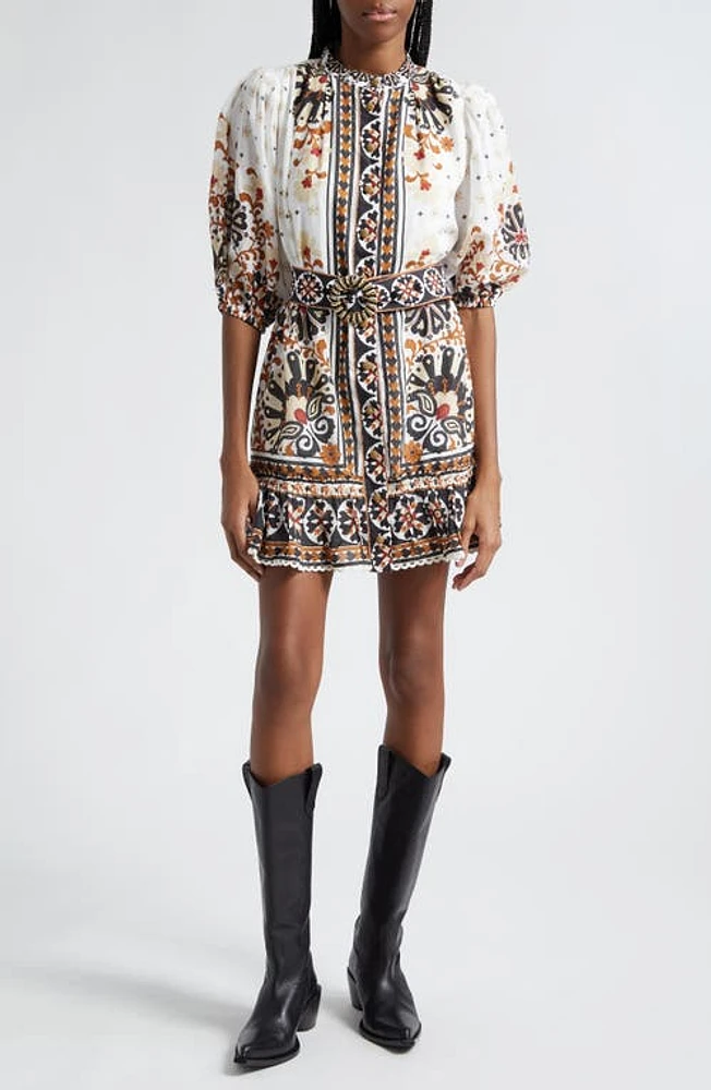 FARM Rio Flower Fan Tapestry Print Puff Sleeve Belted Mini Shirtdress Off-White at Nordstrom,