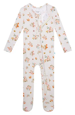 Posh Peanut Clemence Floral Print Ruffle Fitted Footie Pajamas in Ivory/Flowers at Nordstrom, Size 0-3M