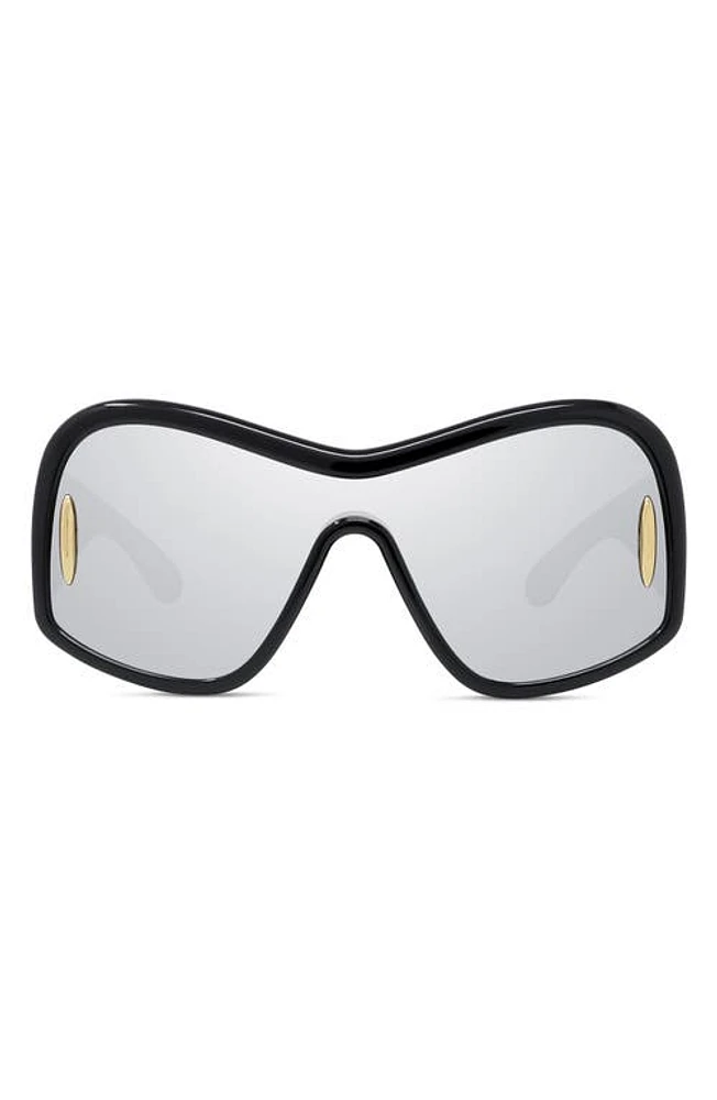 Loewe Anagram 144mm Mirrored Mask Sunglasses in Shiny Black /Smoke Mirror at Nordstrom