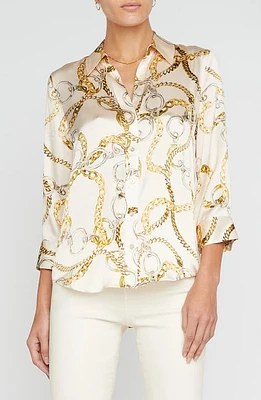 L'AGENCE Dani Chain Print Silk Button-Up Shirt in Ecru Multi Oversized Chain at Nordstrom, Size Xx-Small