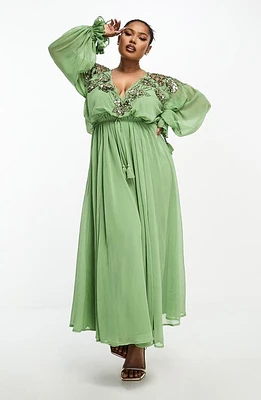 ASOS DESIGN Floral & Lattice Detail Tie Waist Maxi Dress Dark Green at Nordstrom, Us