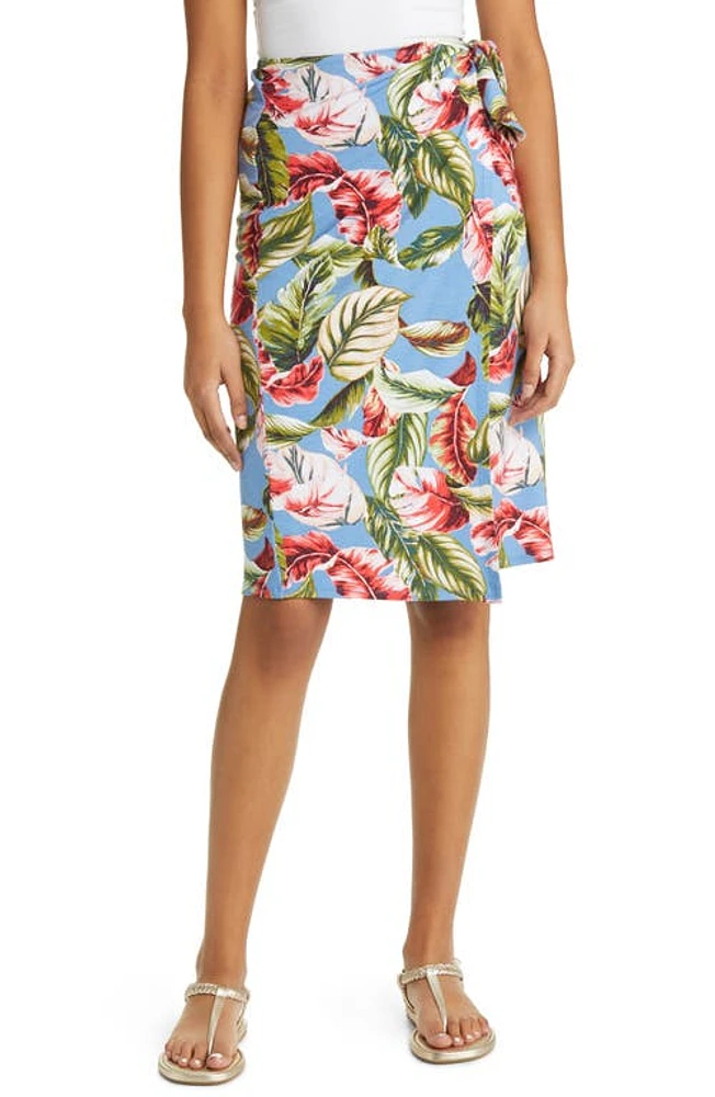 Loveappella Palm Print Faux Wrap Knit Midi Skirt Denim at Nordstrom,