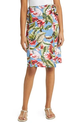 Loveappella Palm Print Faux Wrap Knit Midi Skirt Denim at Nordstrom,