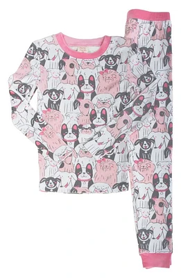 Munki Kids' Puppy Pile Fitted Two-Piece Pajamas White Pink at Nordstrom,