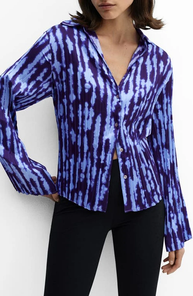 MANGO Floral Plissé Button-Up Shirt Medium Blue at Nordstrom,