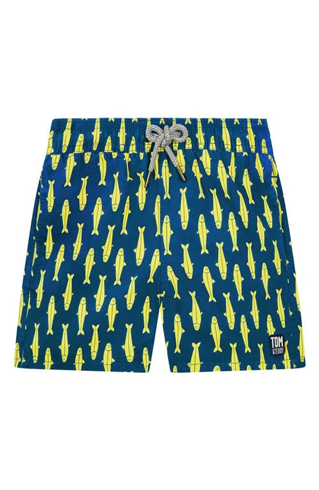 Tom & Teddy Kids' Sardines Swim Trunks Navy Yellow at Nordstrom,