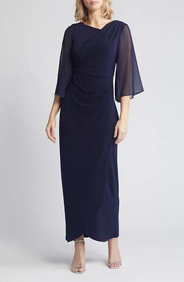 Connected Apparel Chiffon Cape Sleeve Side Ruched Gown in Navy at Nordstrom, Size 14