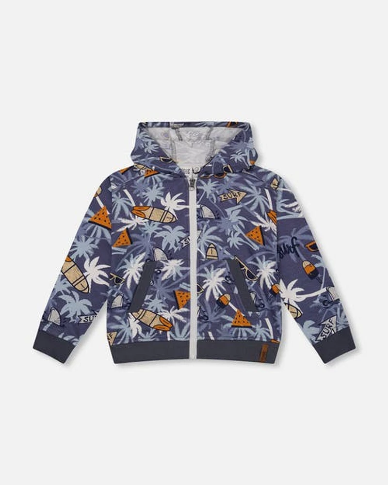 Deux Par Deux Little Boy's French Terry Hooded Cardigan Printed Palm Tree And Surf at Nordstrom