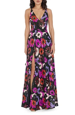 Dress the Population Alyssa Sequin Floral Sleeveless Gown Black Multi at Nordstrom,