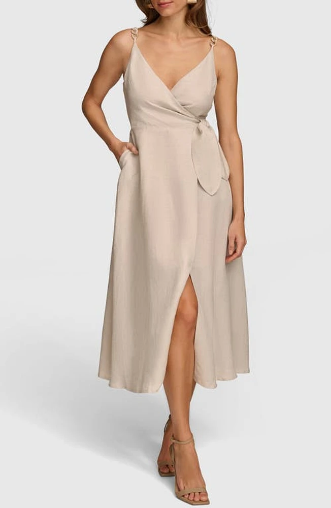 Donna Karan New York Faux Wrap Linen Blend Midi Dress Natural at Nordstrom,