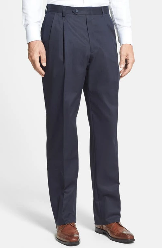 Berle Pleated Classic Fit Cotton Dress Pants Navy at Nordstrom, X Unhemmed