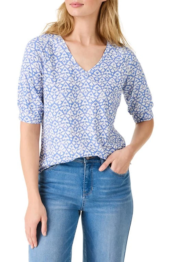 NZT by NIC+ZOE Dotty Ikat Print Cotton V-Neck Top Blue Multi at Nordstrom,