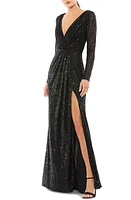 Ieena for Mac Duggal Sequin Long Sleeve Faux Wrap Gown at Nordstrom,