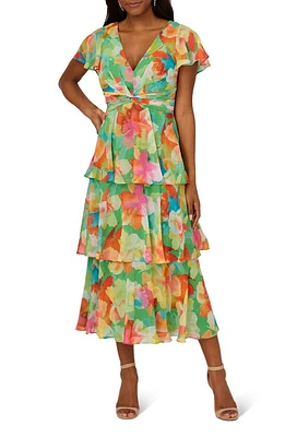 Adrianna Papell Floral Tiered Chiffon Midi Dress Green Multi at Nordstrom,