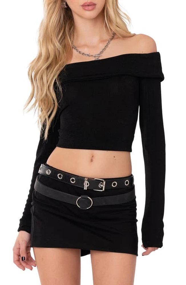 EDIKTED Athena Foldover Off the Shoulder Long Sleeve Crop Top Black at Nordstrom,