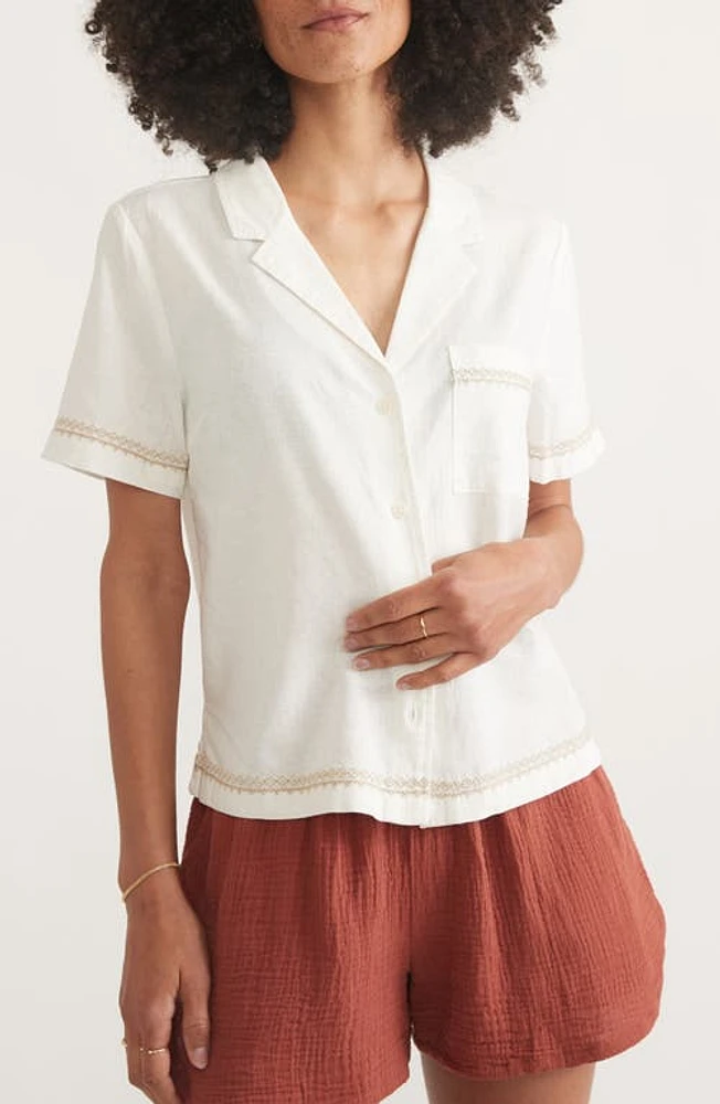 Marine Layer Lucy Embroidered Short Sleeve Hemp Blend Button-Up Resort Shirt Natural at Nordstrom,