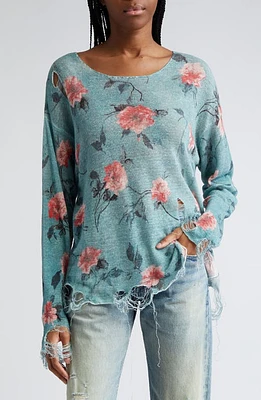 R13 Oversize Distressed Floral Boyfriend Sweater in Blue Floral at Nordstrom, Size Small