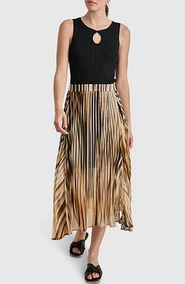 DKNY Mixed Media Sleeveless Midi Dress Black/Vertical Stripe Panel at Nordstrom,