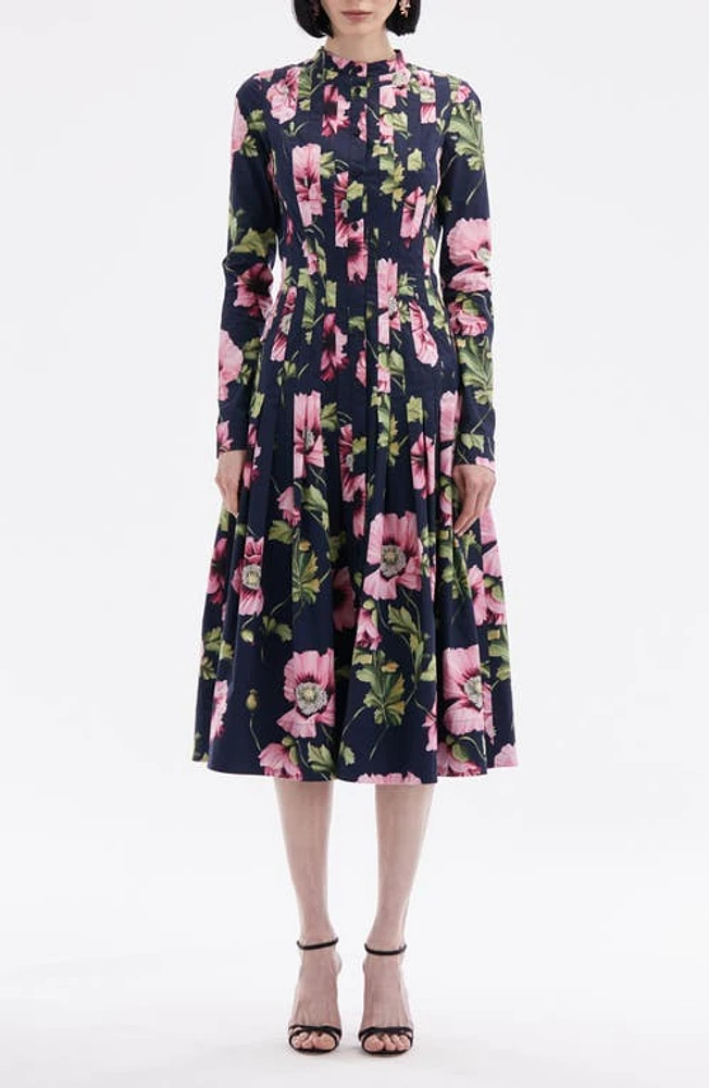 Oscar de la Renta Paneled Poppy Print Long Sleeve Midi Shirtdress Navy/Pink at Nordstrom,