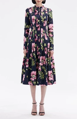 Oscar de la Renta Paneled Poppy Print Long Sleeve Midi Shirtdress Navy/Pink at Nordstrom,