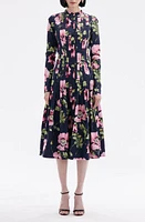 Oscar de la Renta Paneled Poppy Print Long Sleeve Midi Shirtdress Navy/Pink at Nordstrom,