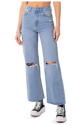 EDIKTED Lori Ripped High Waist Wide Leg Jeans Blue at Nordstrom,